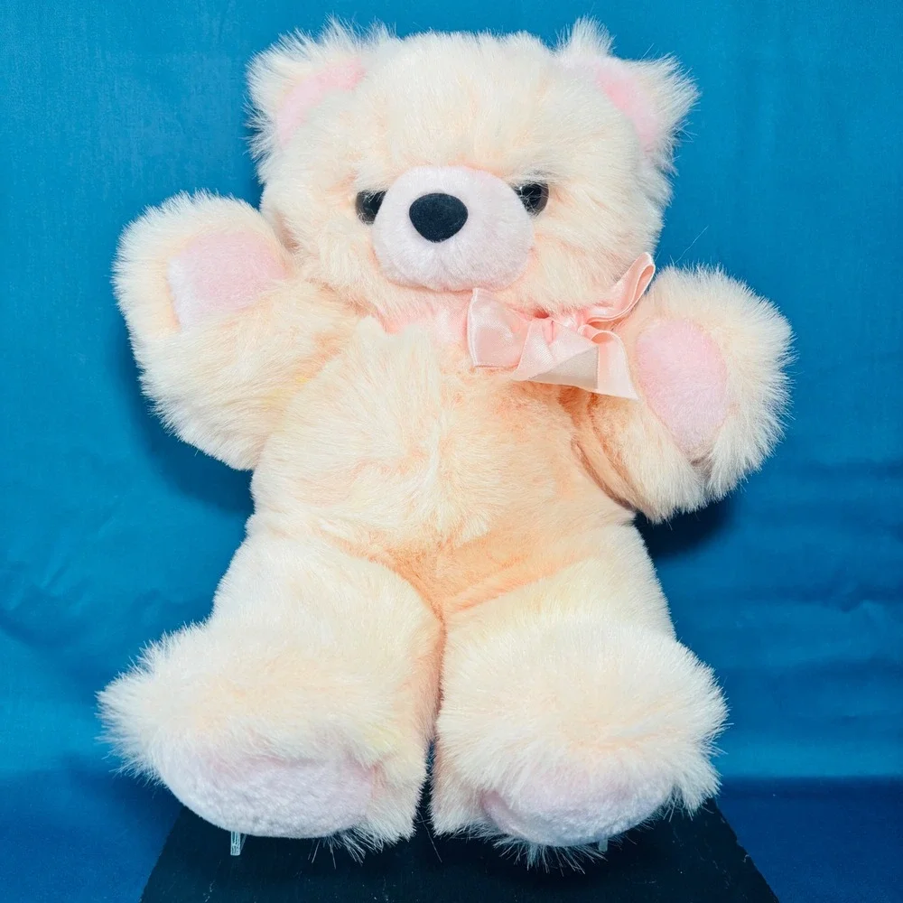 Vintage Royal Plush Toys Peach Teddy Bear Pink Bow Soft Faux Fur 12